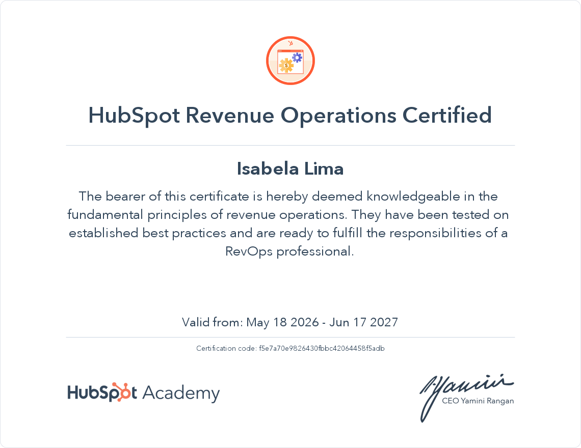 HubSpot Revenue Operations Certified certificate